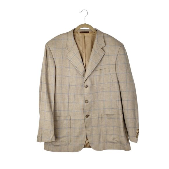 Ravazzolo Beige Plaid Wool Cashmere Three Button Blazer Jacket Mens 52/US 42